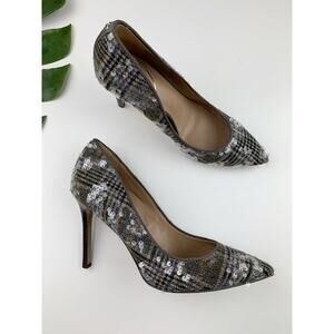 Sam Edelman Hazel Pumps Gray Plaid Clear Sequin Heels Pointed Toe Women's 8